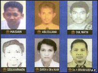 6 of the 8 suspects in the bombing outside the Australian Embassy are seen in this police handout photo released Wednesday, Sept. 15, 2004,